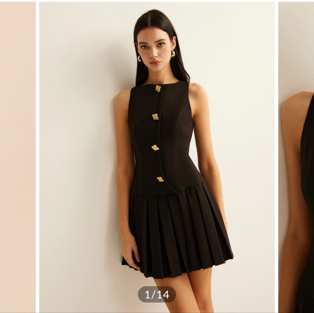 Commense Black Gold-Button Pleated Mini Dress - Picture 3 of 3